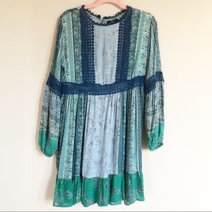 Angie Blue Green Bohemian Long Sleeve Pintuck Lace Detail Dress